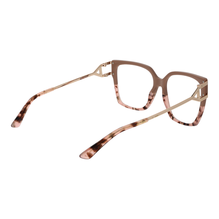 Brown tortoiseshell square eyeglasses with slim metal temples and triangular metal detail, angled view on white