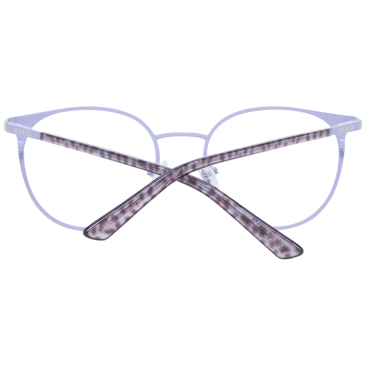 Light purple metal round eyeglasses with thin frame and patterned temple tips on neutral background