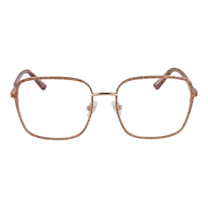 Rose-gold metal square eyeglasses with glittery front, black patterned temple tips, adjustable nose pads