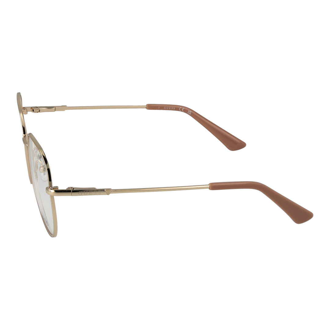 Unisex gold metal rounded-square eyeglasses with thin temples and adjustable nose pads on white background