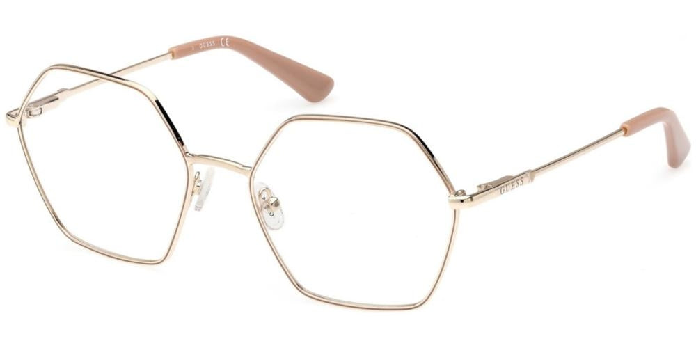 Gold hexagonal eyeglasses for Women with thin metal frame and beige plastic temples, front three-quarter view