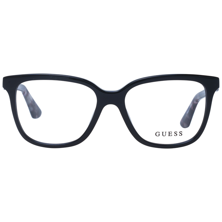 Black rectangular eyeglasses with tortoiseshell patterned temples and logo hinge detail viewed three-quarter