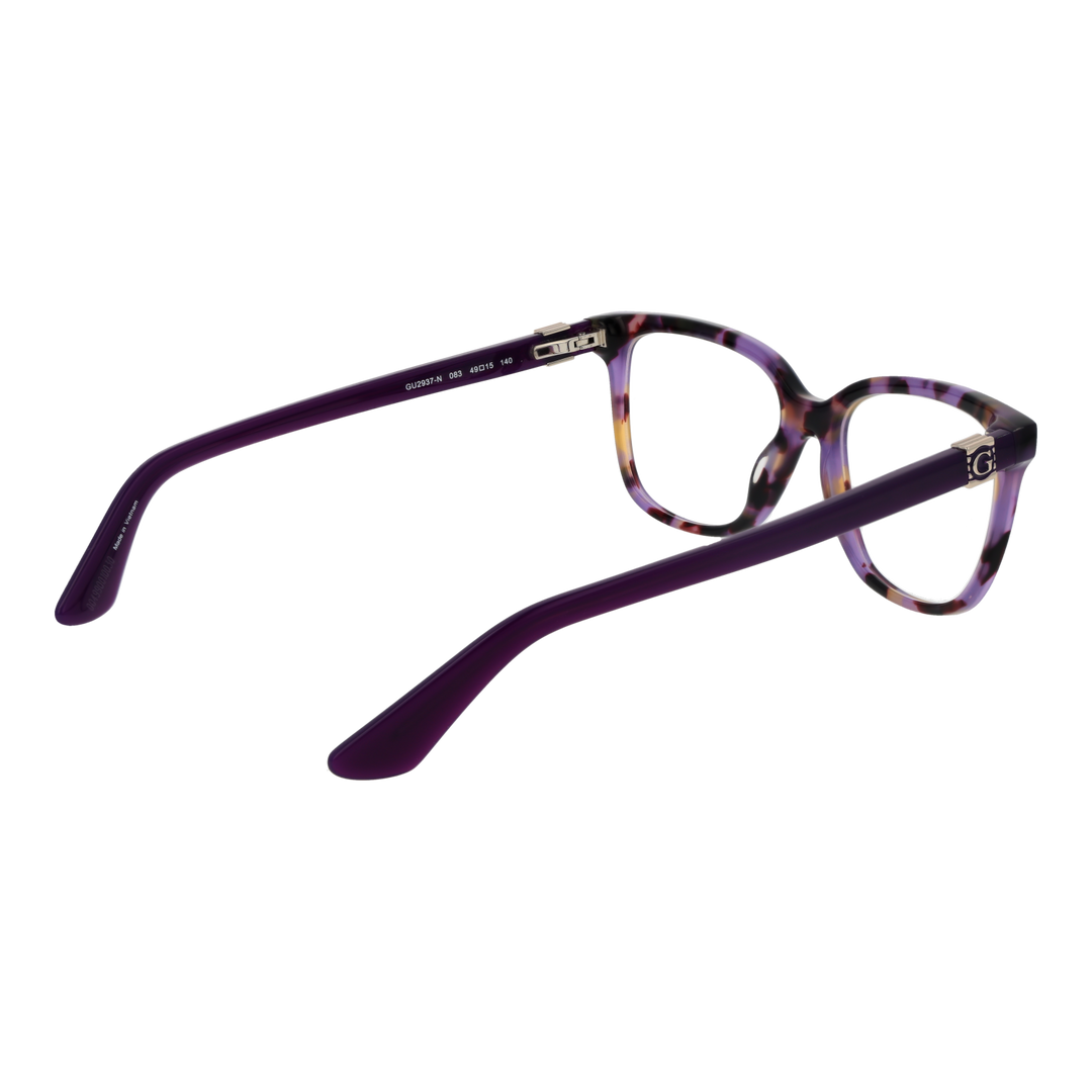 Purple black yellow tortoiseshell square eyeglasses with metallic logo on temples against white