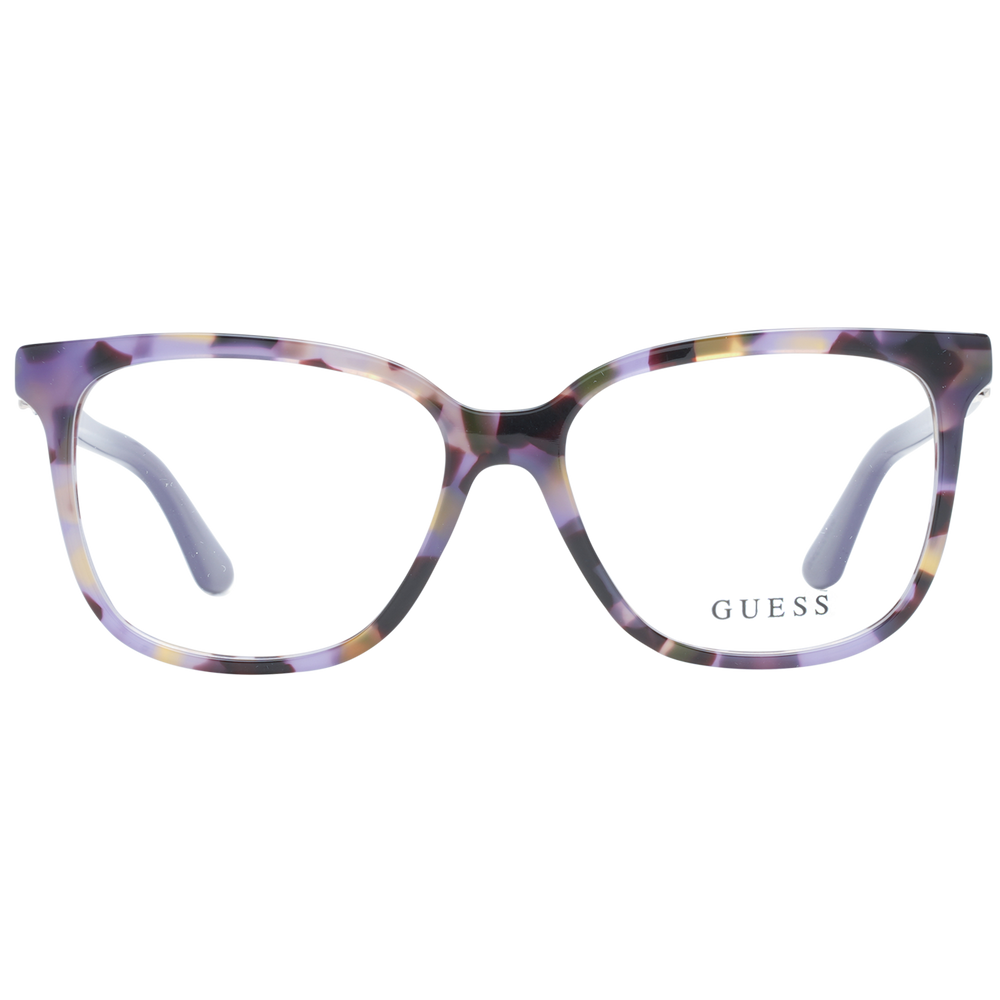 Purple multicolor tortoiseshell square eyeglasses in plastic with metallic G logo on temples, frontal view