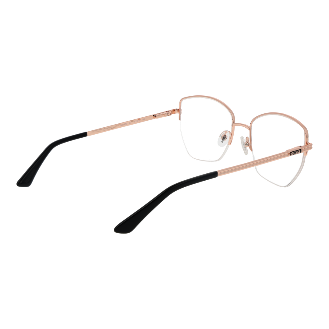 Rose gold thin metal rectangular eyeglasses with black plastic temple tips on white background, modern minimalist design
