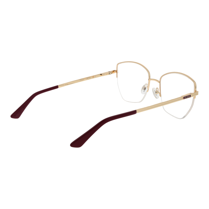 Gold thin metal rectangular eyeglasses with adjustable nose pads and burgundy temple accents for Women