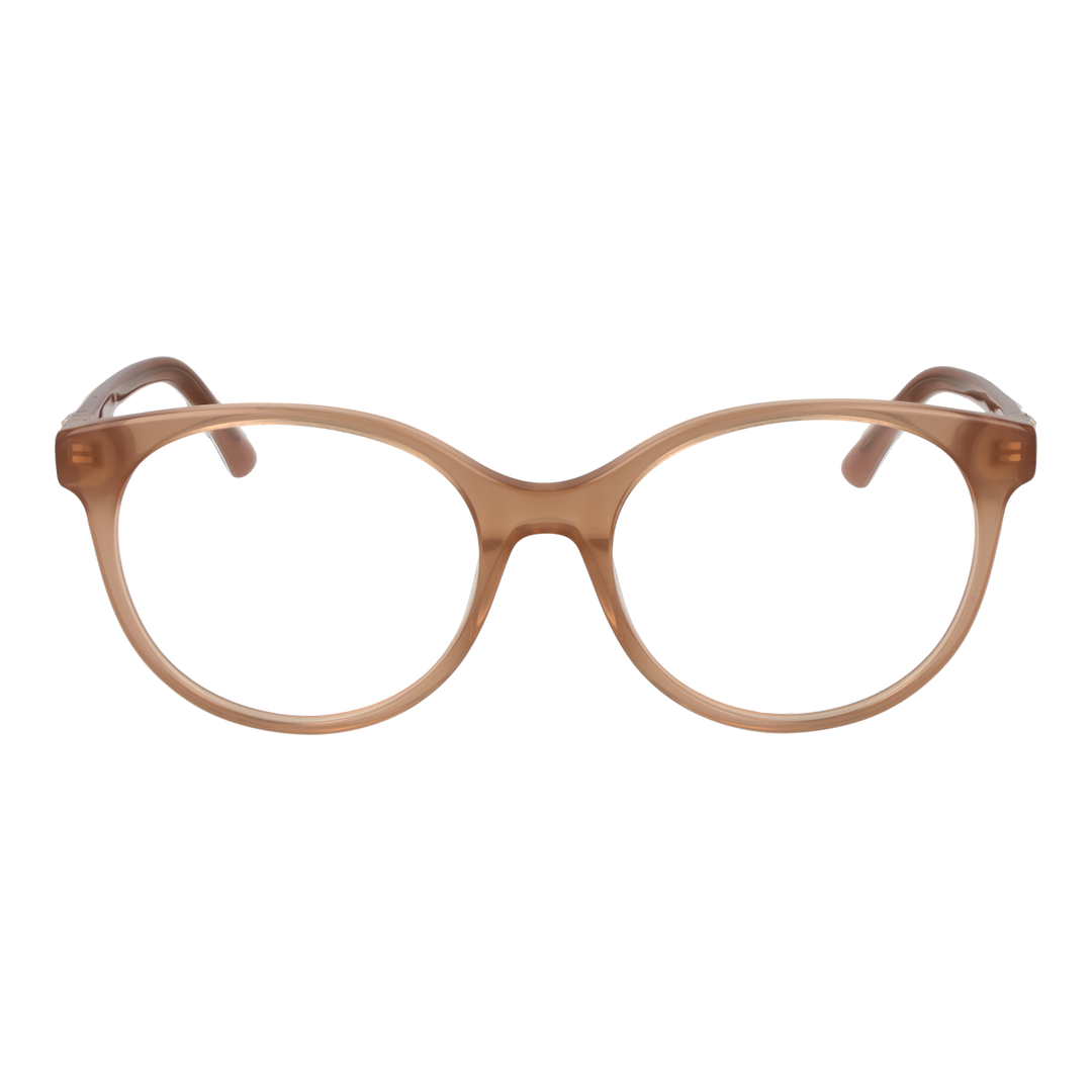Round transparent eyeglasses with brown leopard-patterned temples and metal logo detail for Women