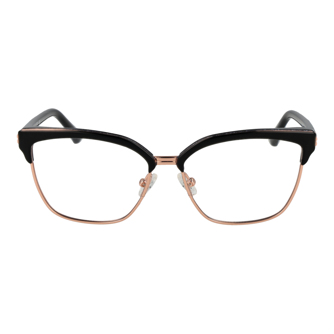 Black metal cat-eye eyeglasses with rose gold accents and plastic temple tips on neutral background