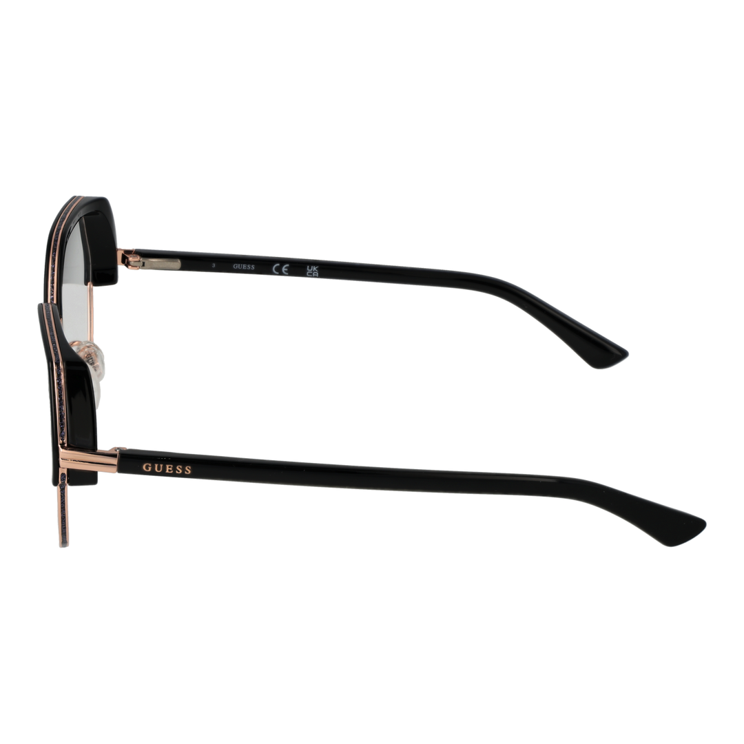 Black and rose gold geometric round eyeglasses; thin metal bridge and thick upper rim on neutral background