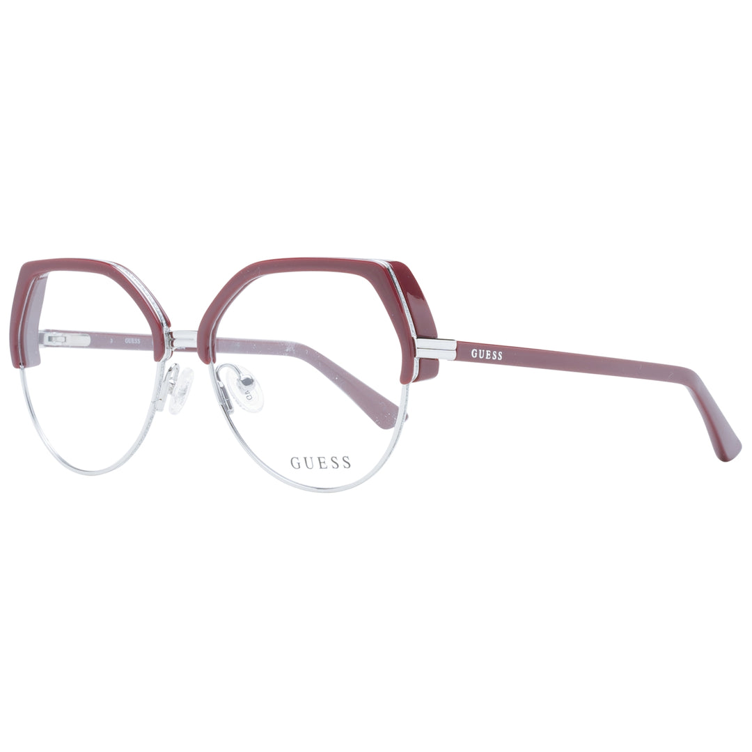 Burgundy and silver half-rim round eyeglasses for Women, metal nose pads and thin lower frame, temple logo visible