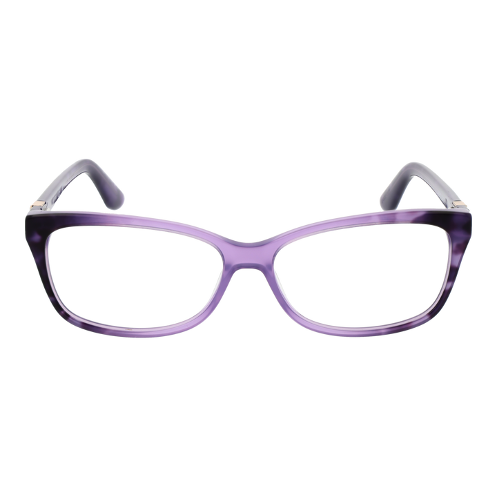Purple tortoiseshell rectangular eyeglasses in plastic with gold temple accents on neutral background