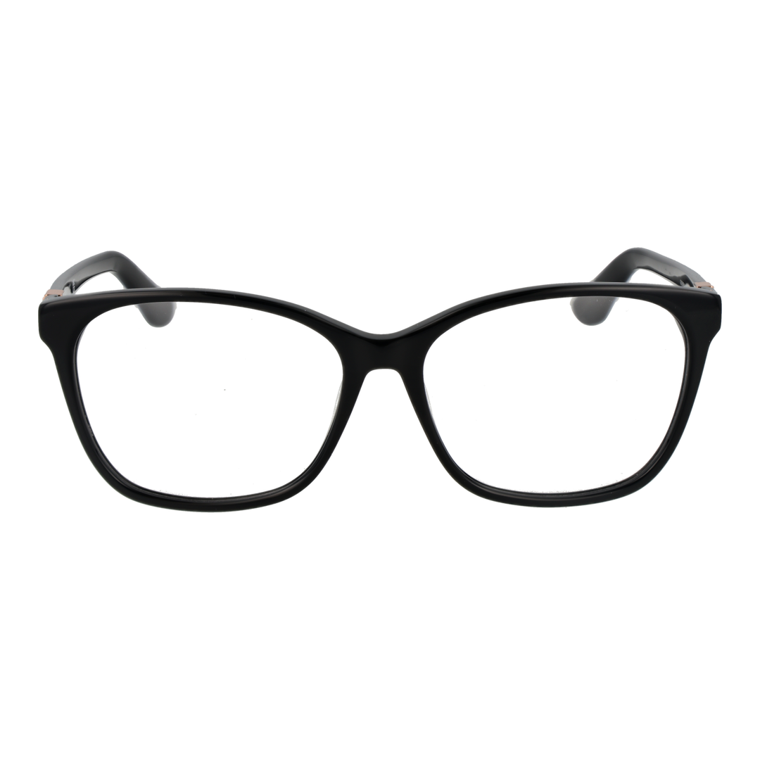Black full-rim rectangular eyeglasses for Women with small metallic temple logo, modern clean lines