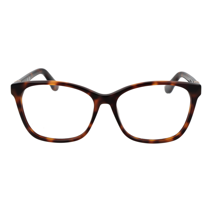 Tortoise brown square eyeglasses in plastic with gold temple accents, shown front and side views
