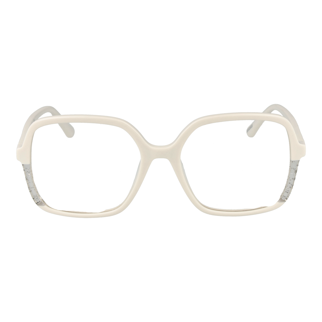 Off-white full-rim square eyeglasses for Women with clear lower edges and embedded speckles, modern plastic frame