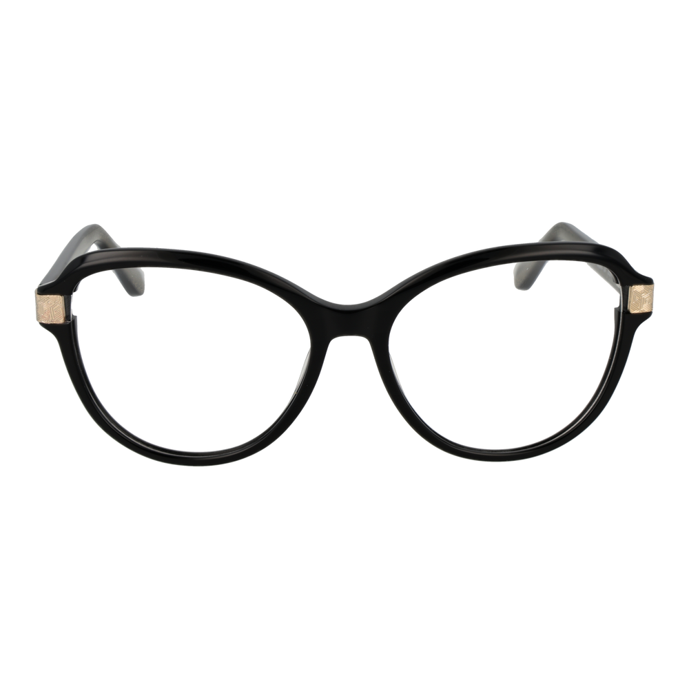 Black round eyeglasses for Women with gold hinge accents and patterned inner arms, front and three-quarter view