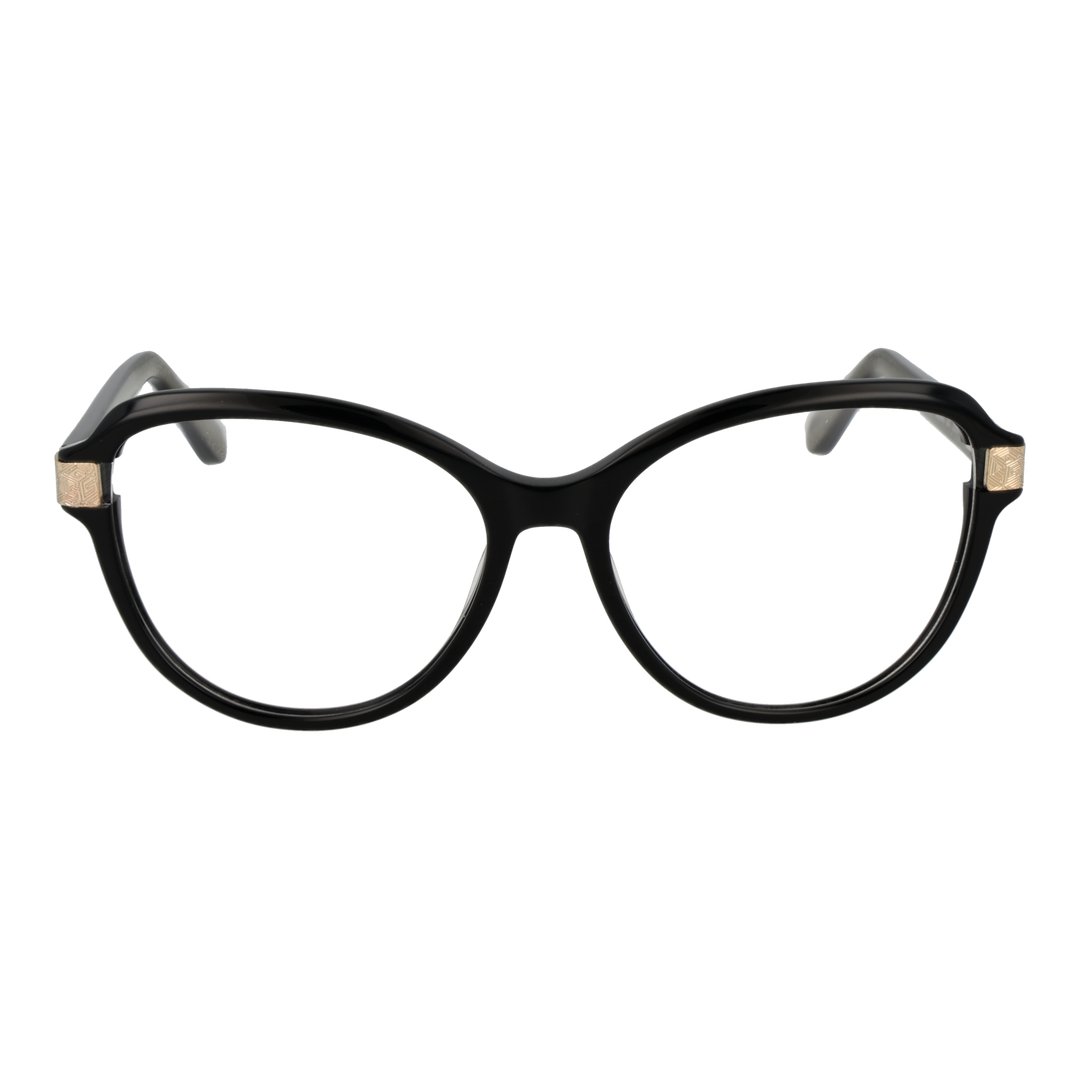 Black round eyeglasses for Women with gold hinge accents and patterned inner arms, front and three-quarter view