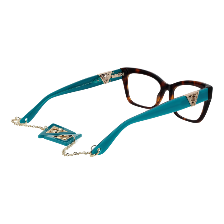 Tortoise brown and teal cat‑eye eyeglasses with gold chain and triangular logo accents on plastic frame