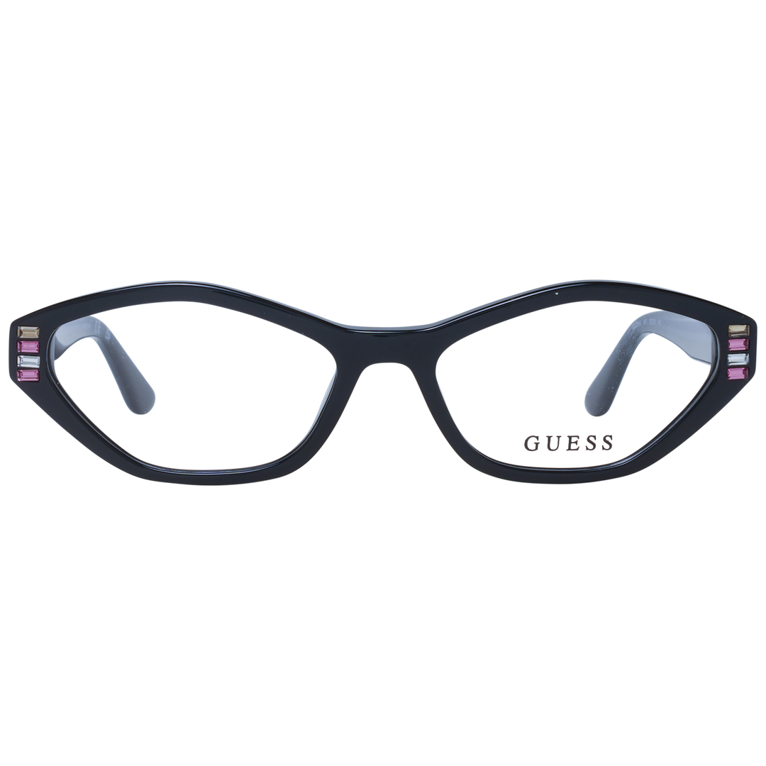 Glossy black cat-eye eyeglasses for Women with pink and clear rectangular corner embellishments, front three-quarter view