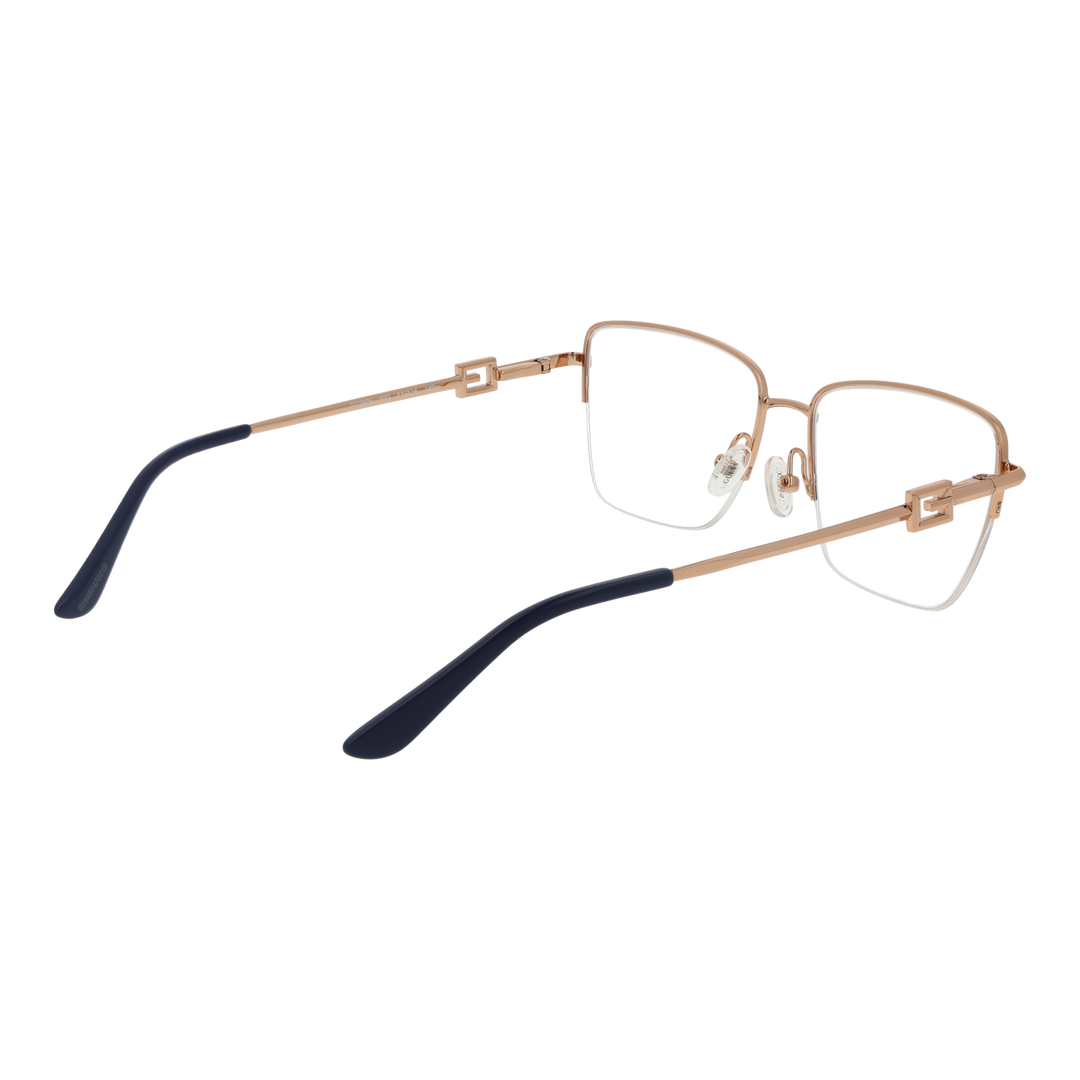 Gold metal full-rim rectangular eyeglasses with clear lenses and black temple accents featuring Guess logo