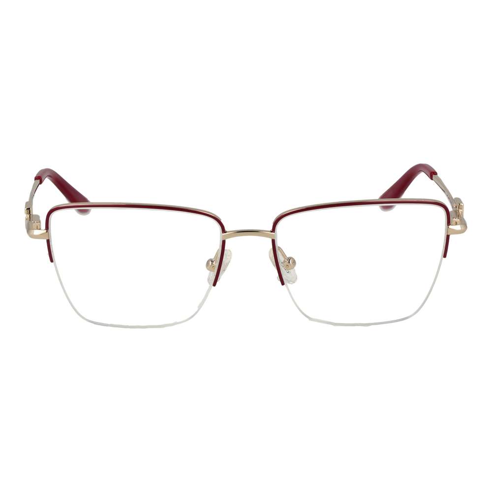 Gold metal semi-rimless rectangular eyeglasses with red top rim and decorative hinge detail on white