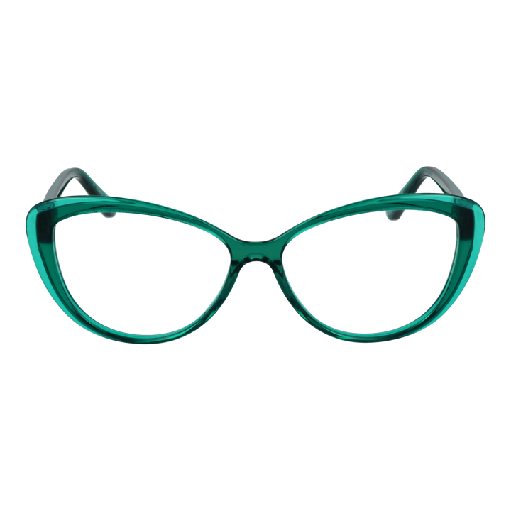 Transparent green plastic cat-eye eyeglasses with metallic logo on temples, retro shape for Women, lightweight frame