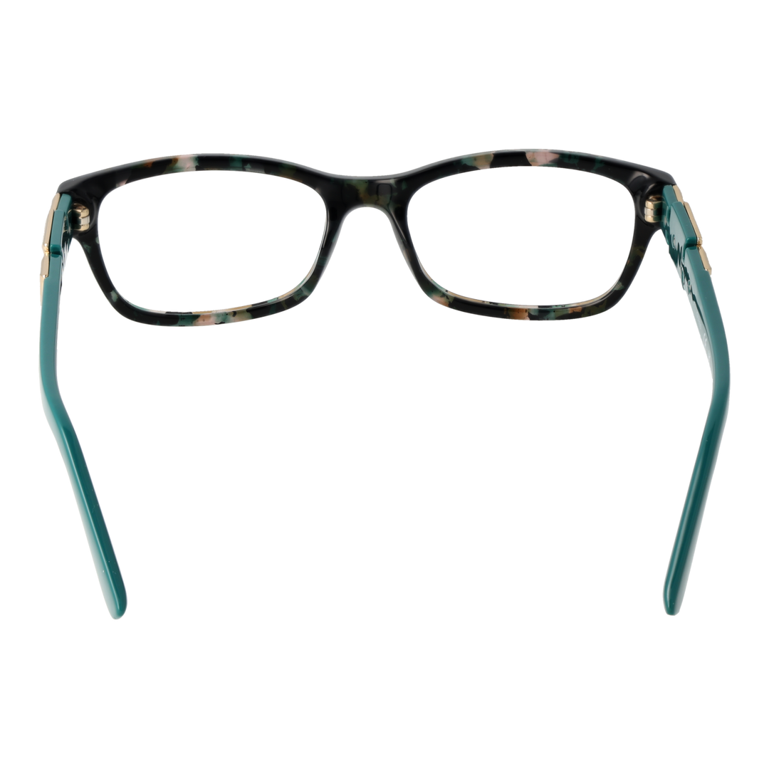 Black rectangular eyeglasses for Women with green-tinted lenses and gold logo temples, plastic full-rim frame