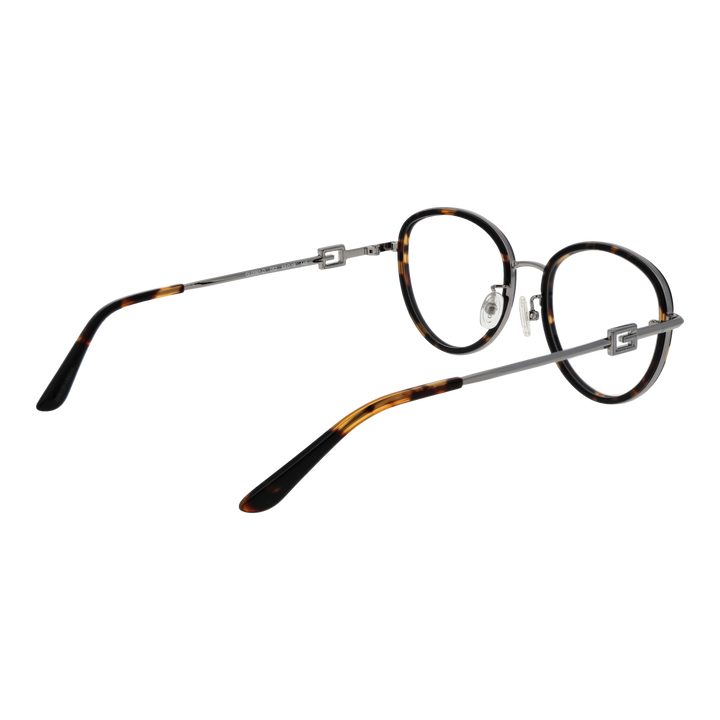 Unisex tortoise-shell round eyeglasses with silver metal temples and decorative temple logo, front three-quarter view