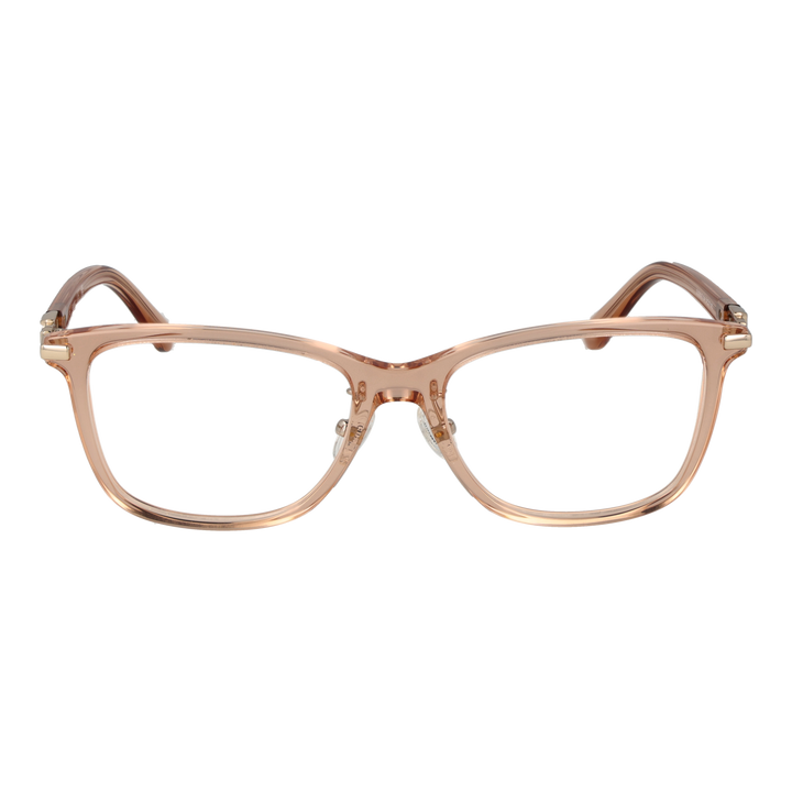 Light brown transparent rectangular eyeglasses in plastic and metal with adjustable nose pads on neutral background