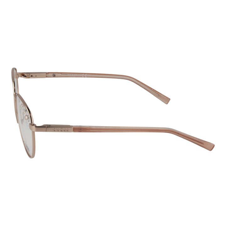 Rose gold round metal eyeglasses with thin rims and transparent temple tips on white background