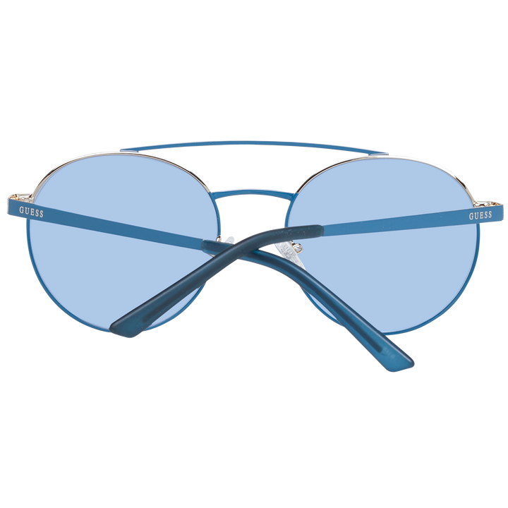 Unisex blue metal round eyeglasses with double bridge and adjustable nose pads against white background