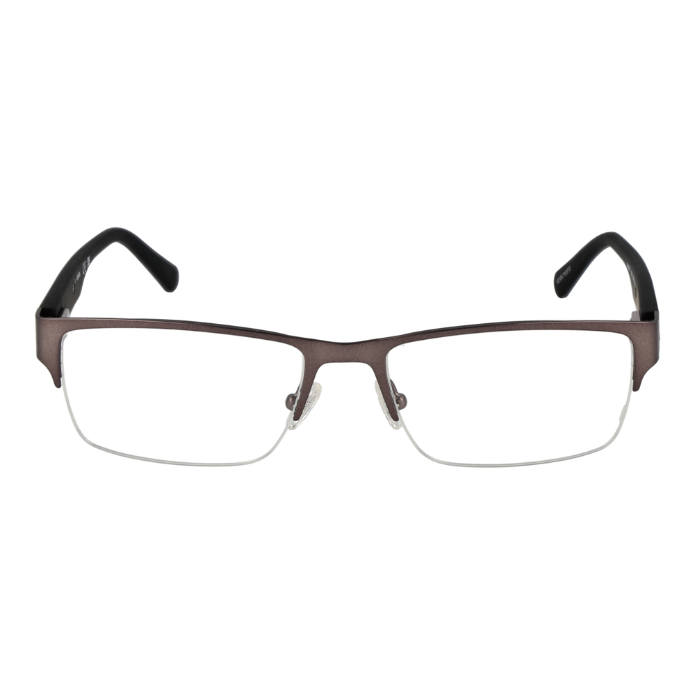 Brown and black half-rim eyeglasses, rectangular lenses, metal frame, adjustable nose pads, plastic temple tips