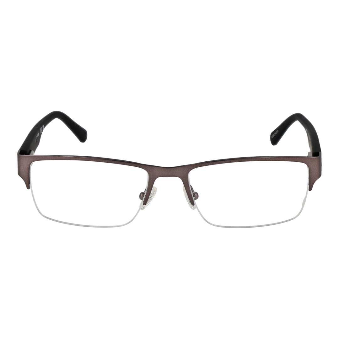 Brown and black half-rim eyeglasses, rectangular lenses, metal frame, adjustable nose pads, plastic temple tips