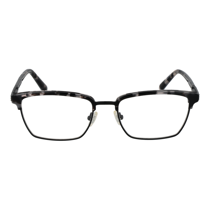 Unisex black and gray tortoiseshell rectangular eyeglasses with thin full-rim frame and patterned temples on white background