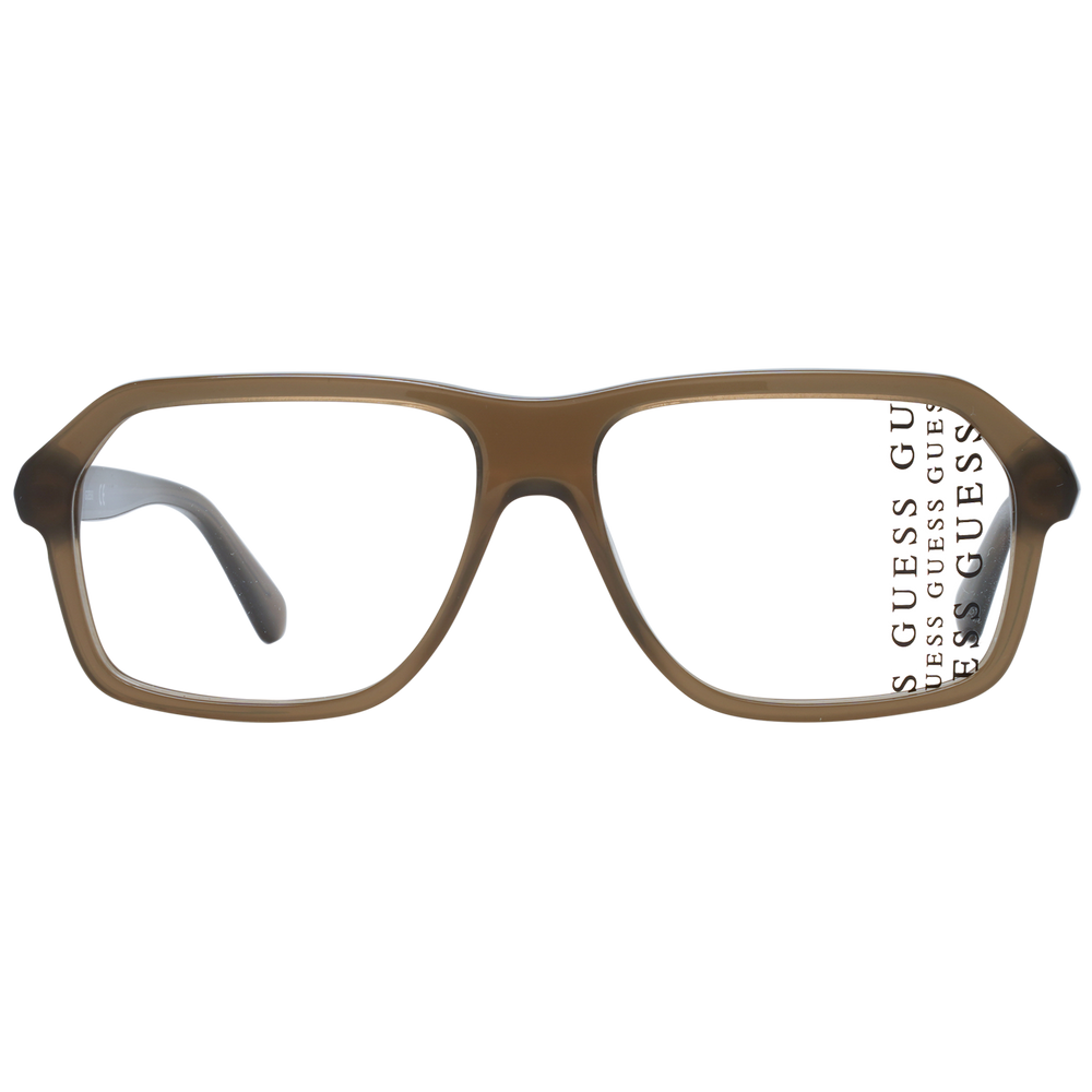Unisex brown plastic full-rim rectangular eyeglasses on neutral background, modern clean silhouette