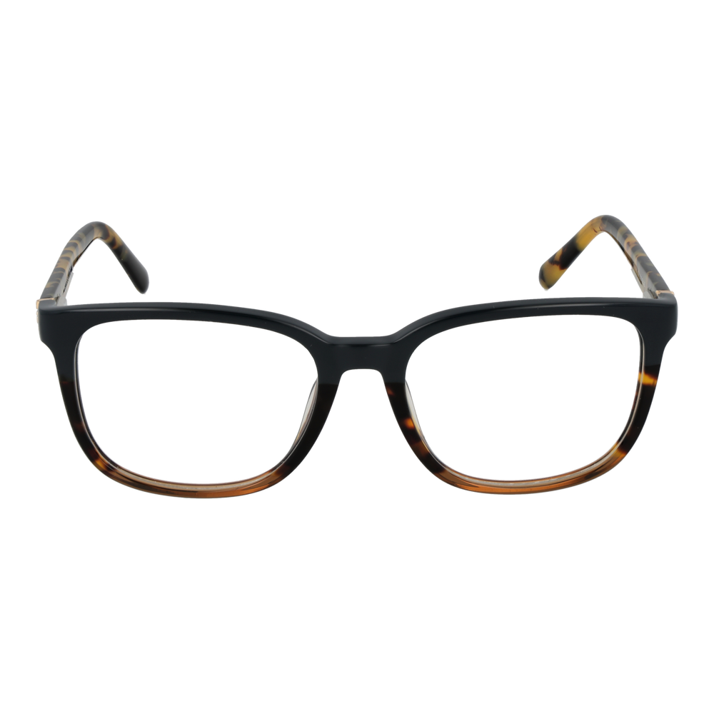 Black and tortoiseshell brown square eyeglasses in plastic with clear lenses and gold temple accents, front and side view.