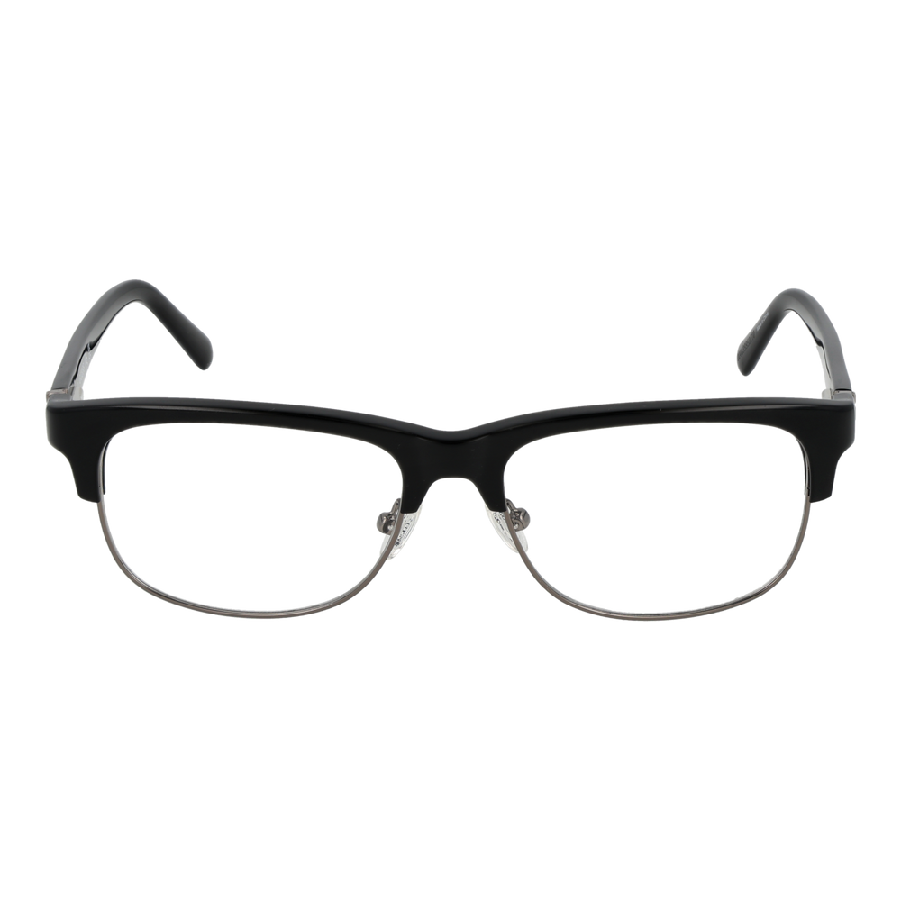 Black and silver semi-rimless eyeglasses with rectangular lenses, plastic upper frame and metal lower rim
