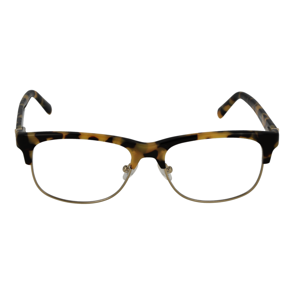 Unisex tortoise-pattern semi-rimless eyeglasses with plastic upper and metal lower rims, adjustable nose pads