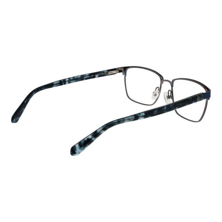 Unisex blue and black semi-rimless eyeglasses with rectangular lenses, silver bridge, patterned temple tips