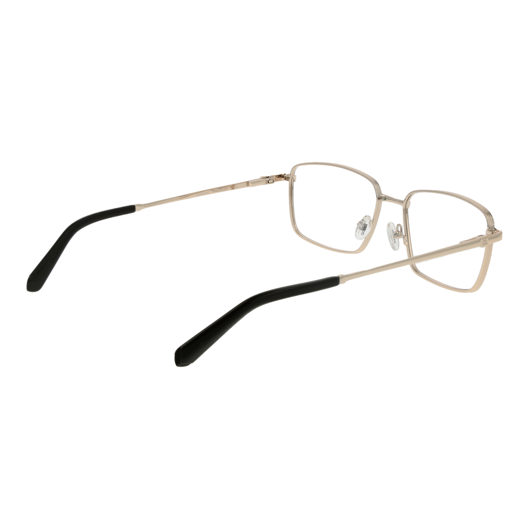 Unisex gold metal rectangular eyeglasses with thin frame, black temple tips, and adjustable nose pads