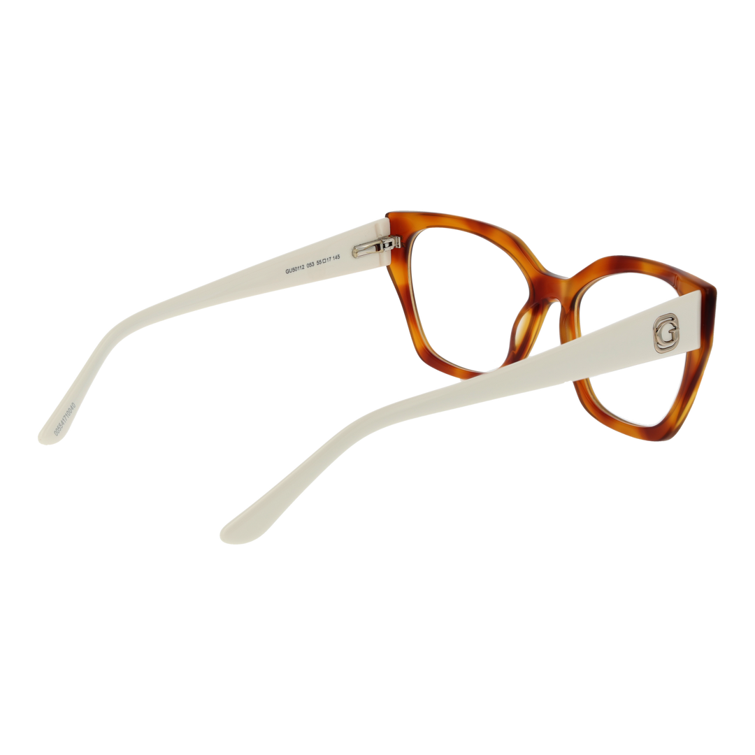 Brown and beige retro cat-eye eyeglasses in plastic with transparent lenses and logo temples on neutral background