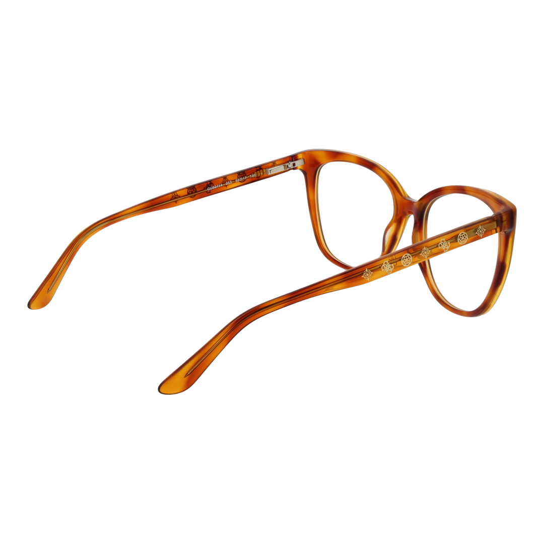 Tortoise brown cat-eye eyeglasses for Women with decorative gold symbols on temples, plastic frame