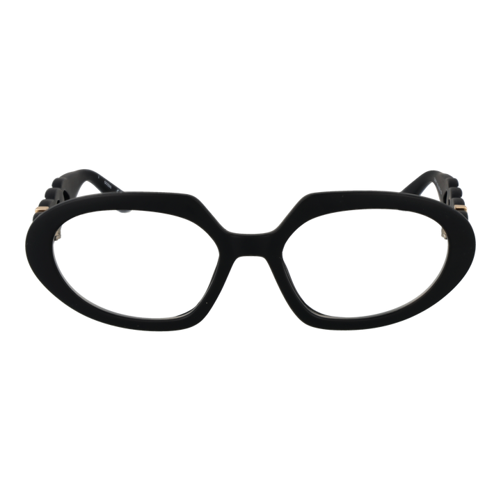 Black oval eyeglasses for Women with plastic frame, chain-link gold-accent temples, front and side profile