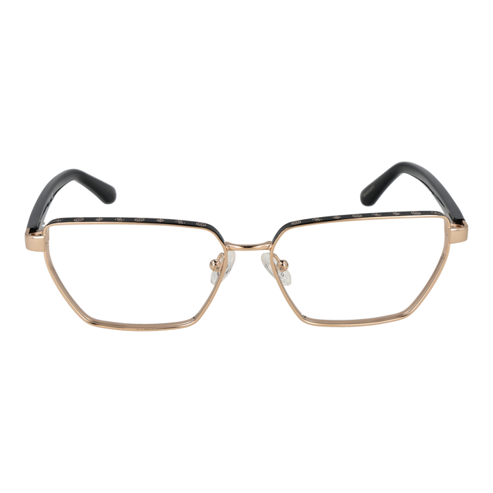 Gold metal and black rectangular eyeglasses for Women with decorative top-frame pattern and adjustable nose pads
