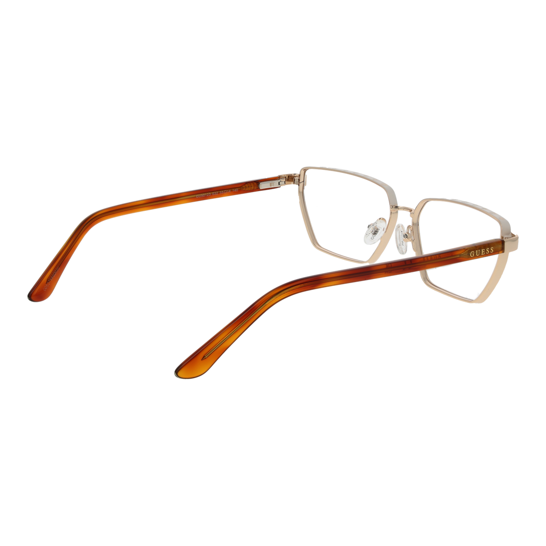 Unisex gold metal geometric eyeglasses with rectangular brown lenses and decorative top-frame pattern, plastic temple tips