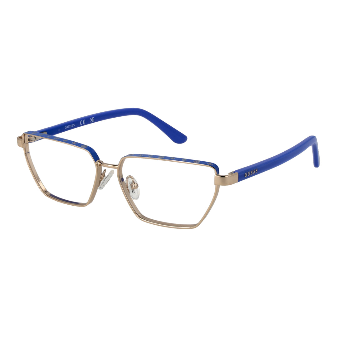 Blue-and-gold rectangular full-rim eyeglasses with adjustable nose pads and branded temples, front three-quarter view
