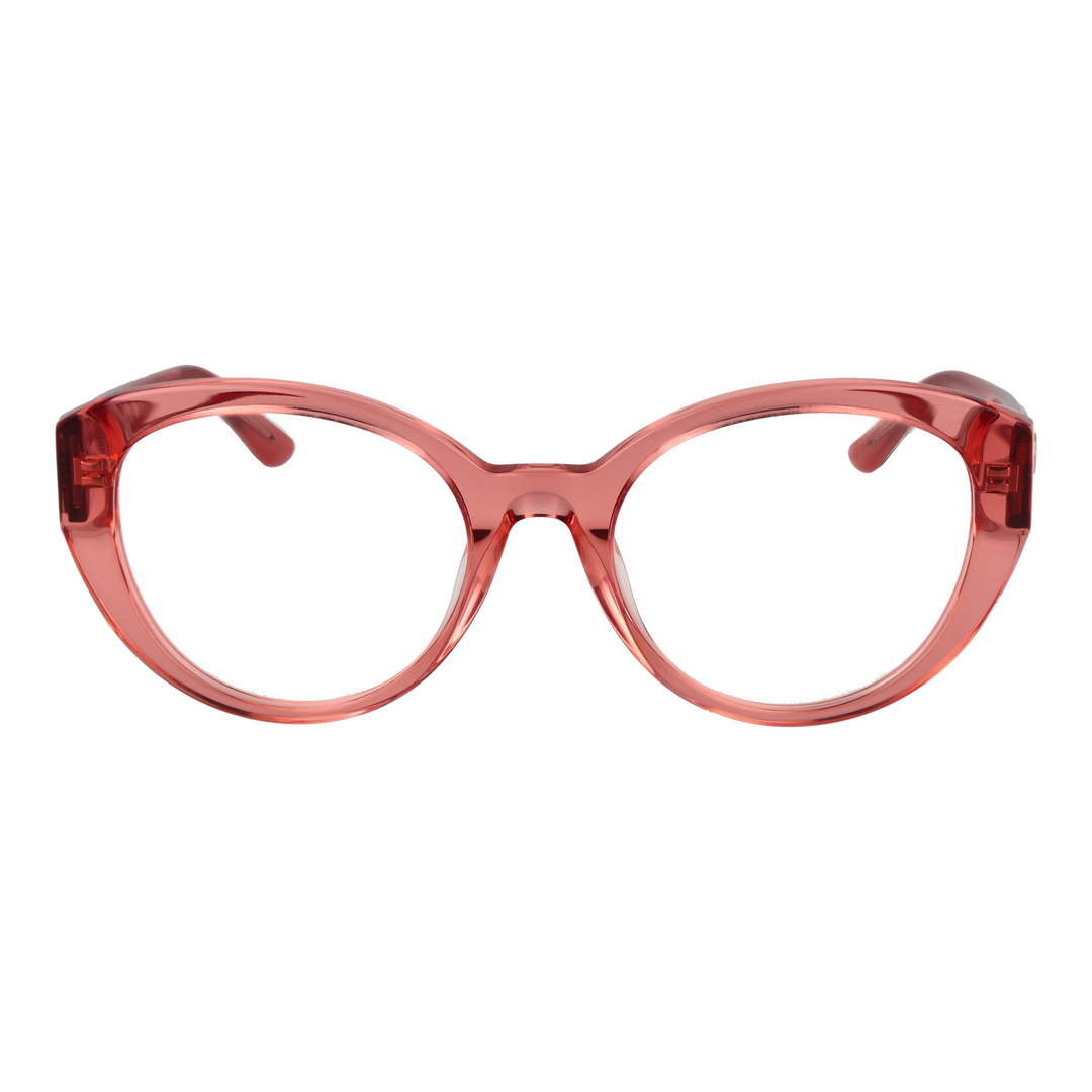 Transparent pink cat-eye eyeglasses with snake-skin patterned temples and small gold emblem