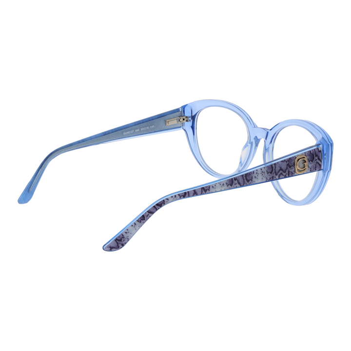Light blue transparent round eyeglasses with patterned dark blue and white temples and gold G logo
