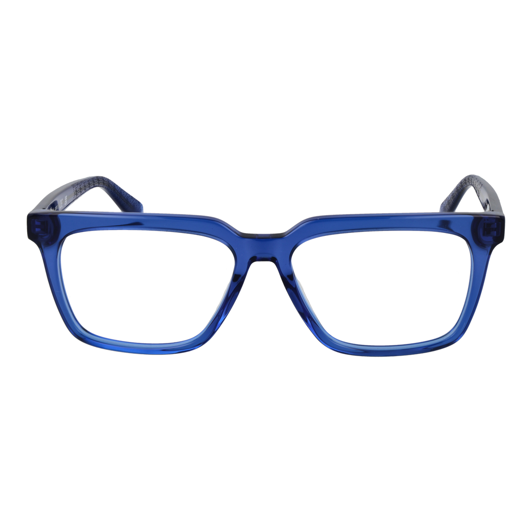 Transparent blue plastic rectangular eyeglasses with clear lenses and branded temple detail, front three-quarter view