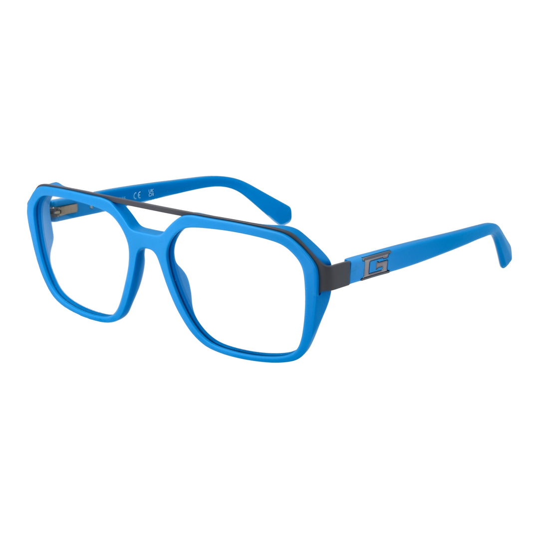 Unisex blue and black plastic square eyeglasses with double bridge and logo-detail temples on neutral background.