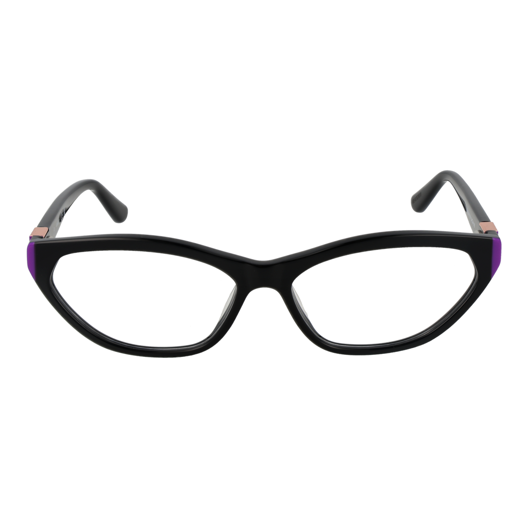 Black cat-eye eyeglasses for Women with purple accents and rose gold logo on temples